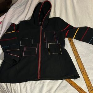 Black Hooded Coat with Multicolored Accents